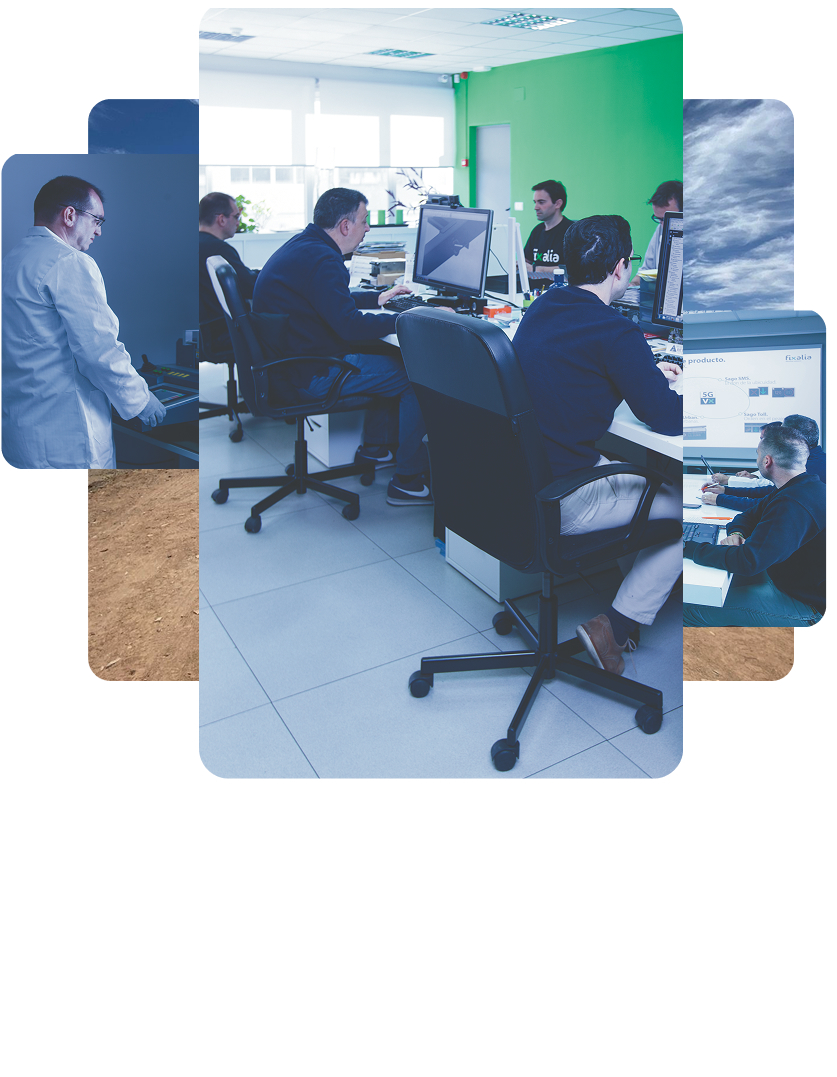 Collage de imágenes de las oficinas y empleados de Fixalia