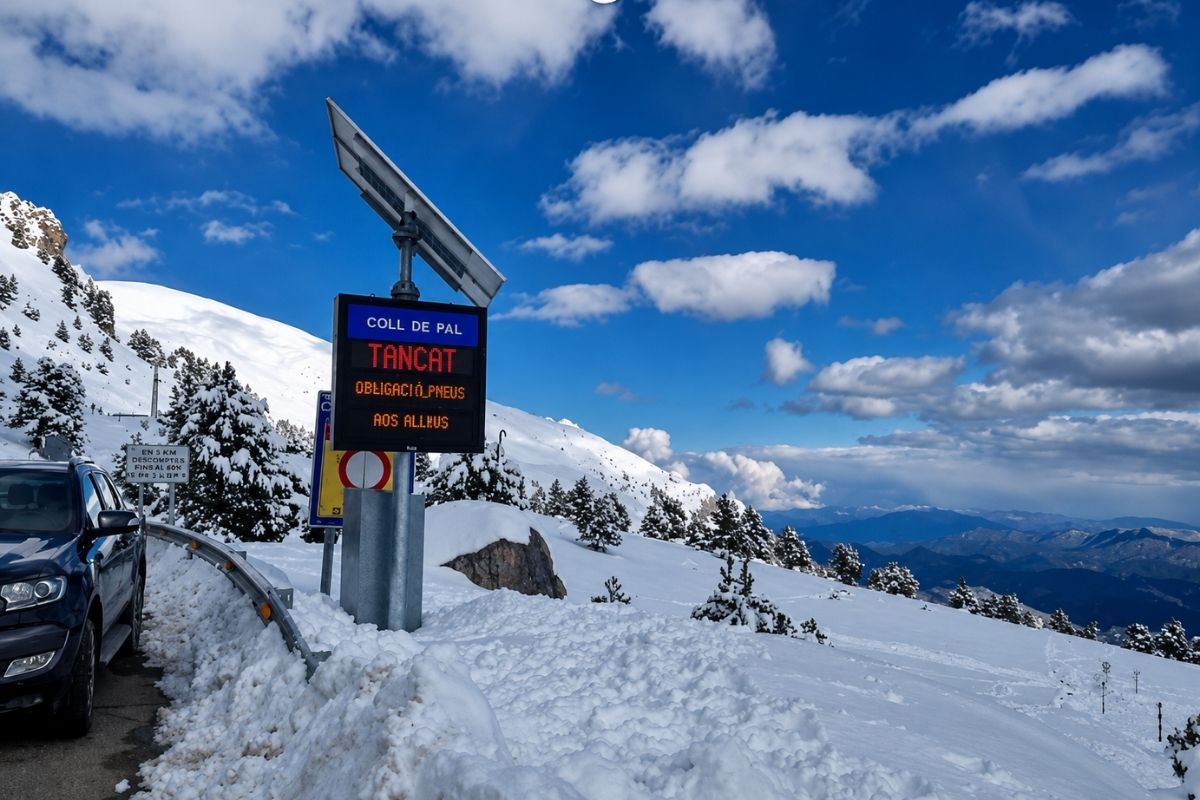 Señales de tráfico luminosas de Fixalia en carretera nevada.